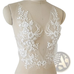 White wedding dress lace applique pair featuring white floral lace with delicate embroidery and sheer mesh backing