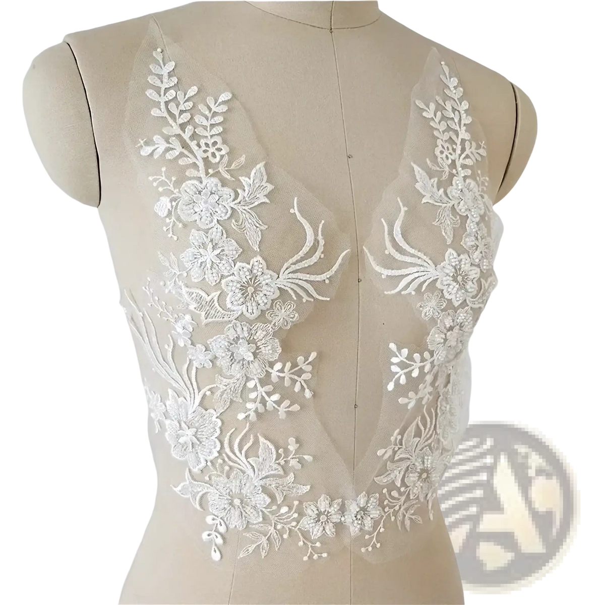 White wedding dress lace applique pair featuring white floral lace with delicate embroidery and sheer mesh backing
