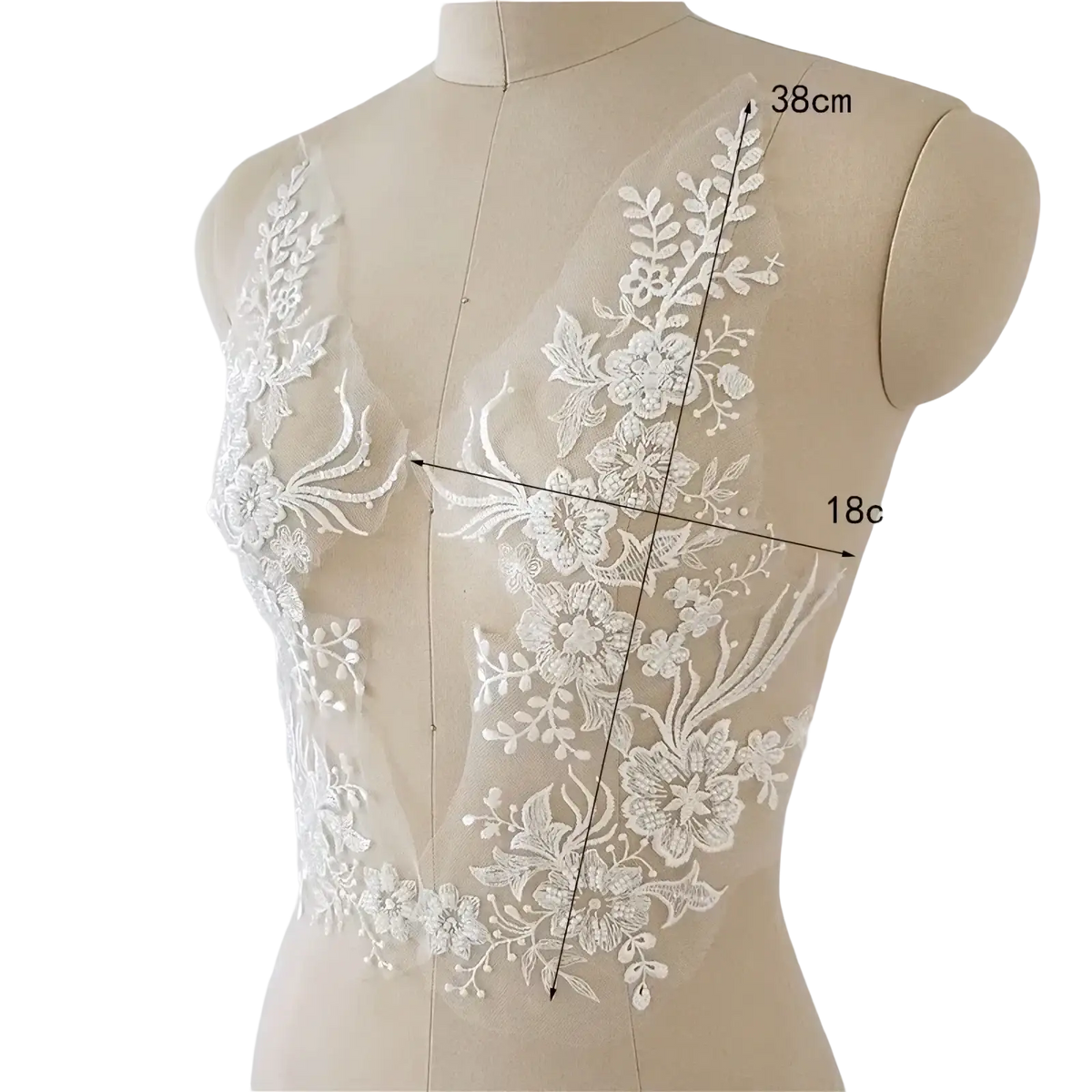 White wedding dress lace applique pair featuring delicate floral lace appliqué with sheer fabric backing