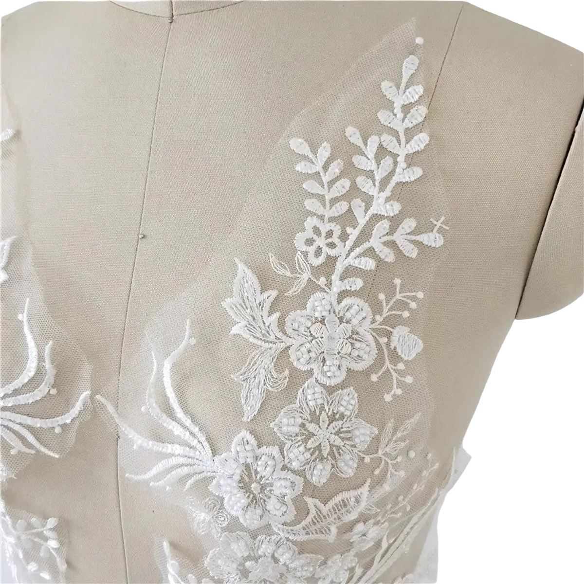 White wedding dress lace applique pair featuring white floral lace appliqué with delicate embroidery and beaded details