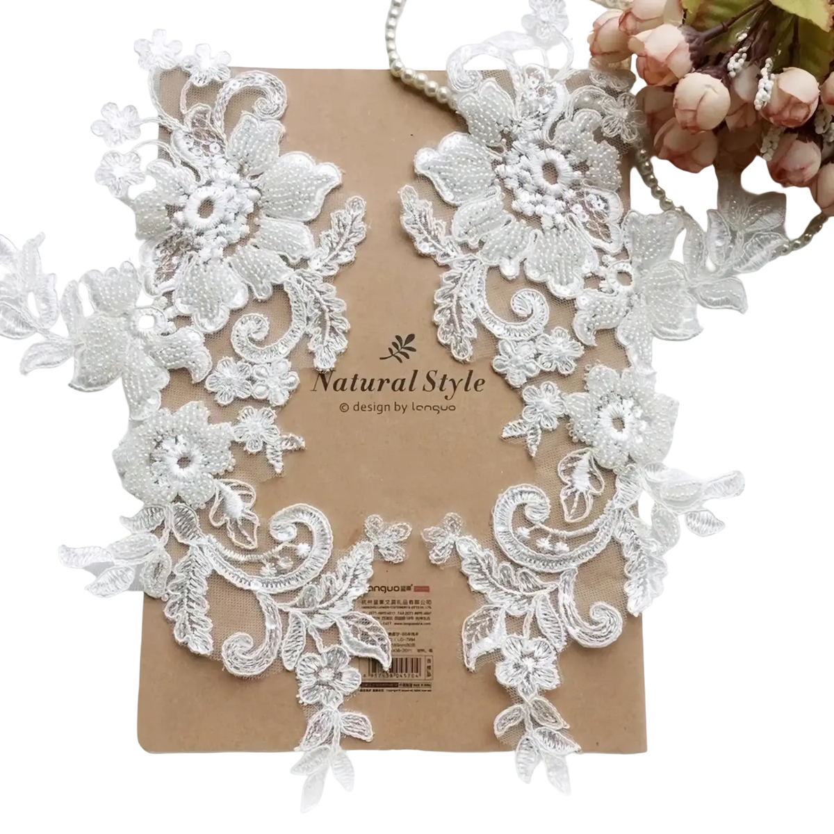 White wedding dress lace applique pair featuring white floral lace appliqués with intricate embroidery and beading