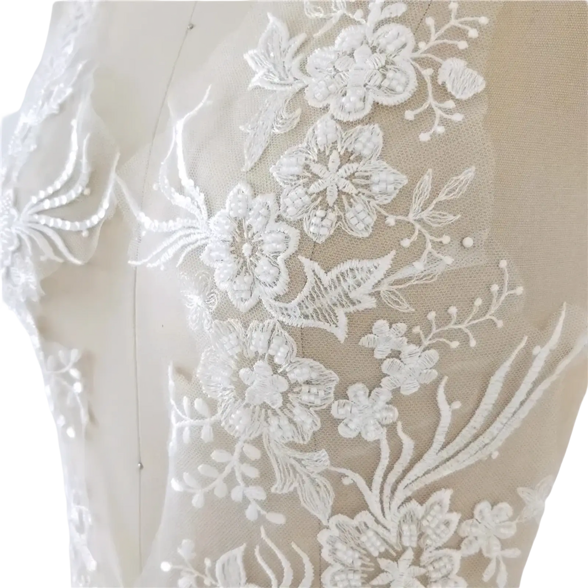 White wedding dress lace applique pair featuring white floral lace trim with embroidered flowers leaf patterns and pearl beads