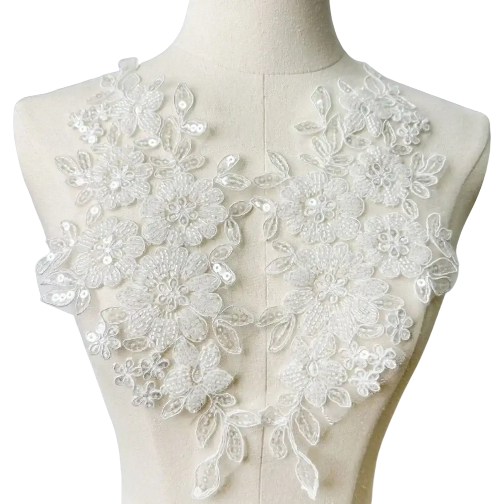 White wedding dress lace applique pair featuring white floral lace appliqué with delicate embroidery and sparkling sequins