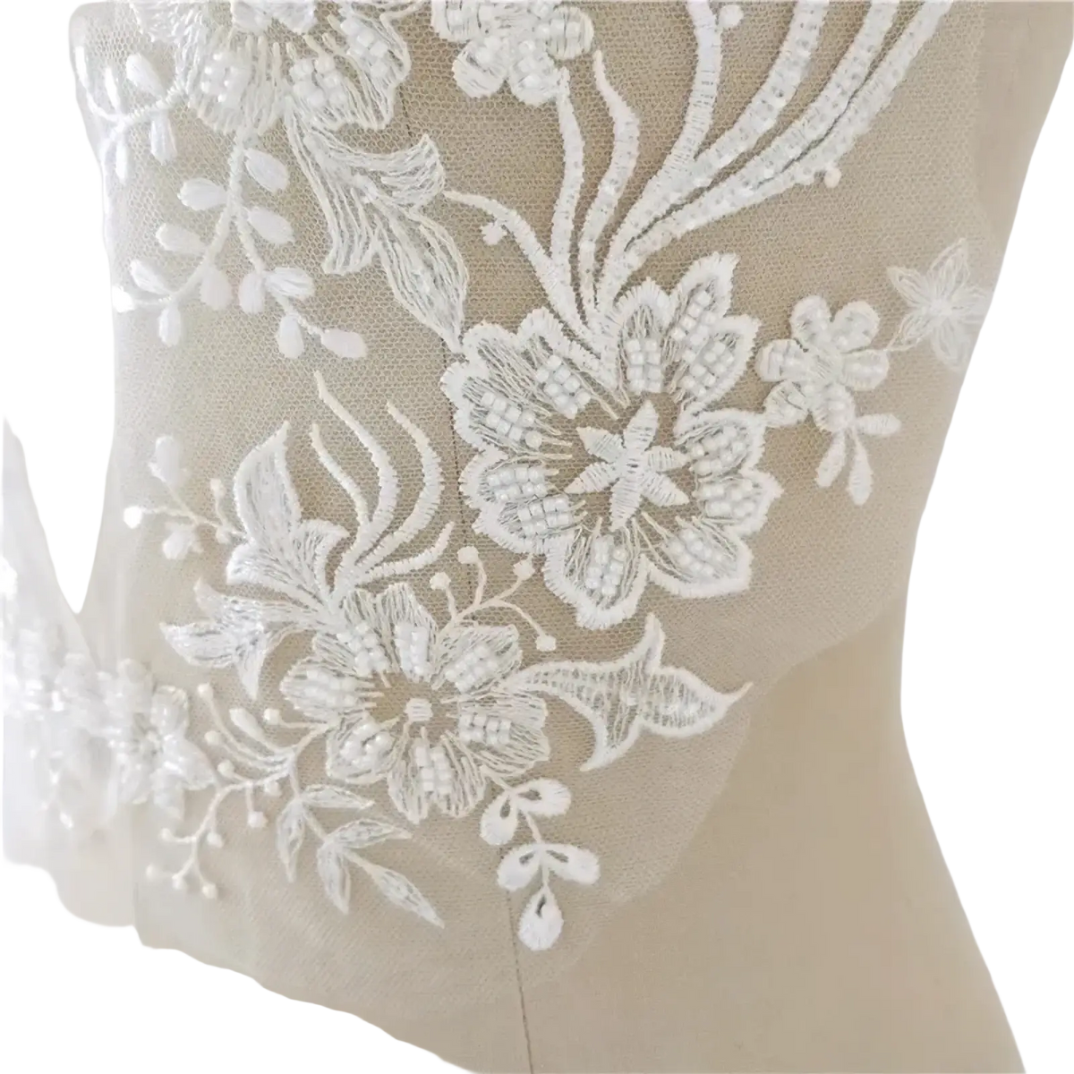 White wedding dress lace applique pair featuring white floral lace appliqué with delicate embroidery and beaded details