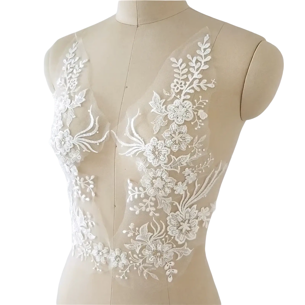 White wedding dress lace applique pair featuring white floral lace appliqué with delicate embroidery and sheer mesh backing