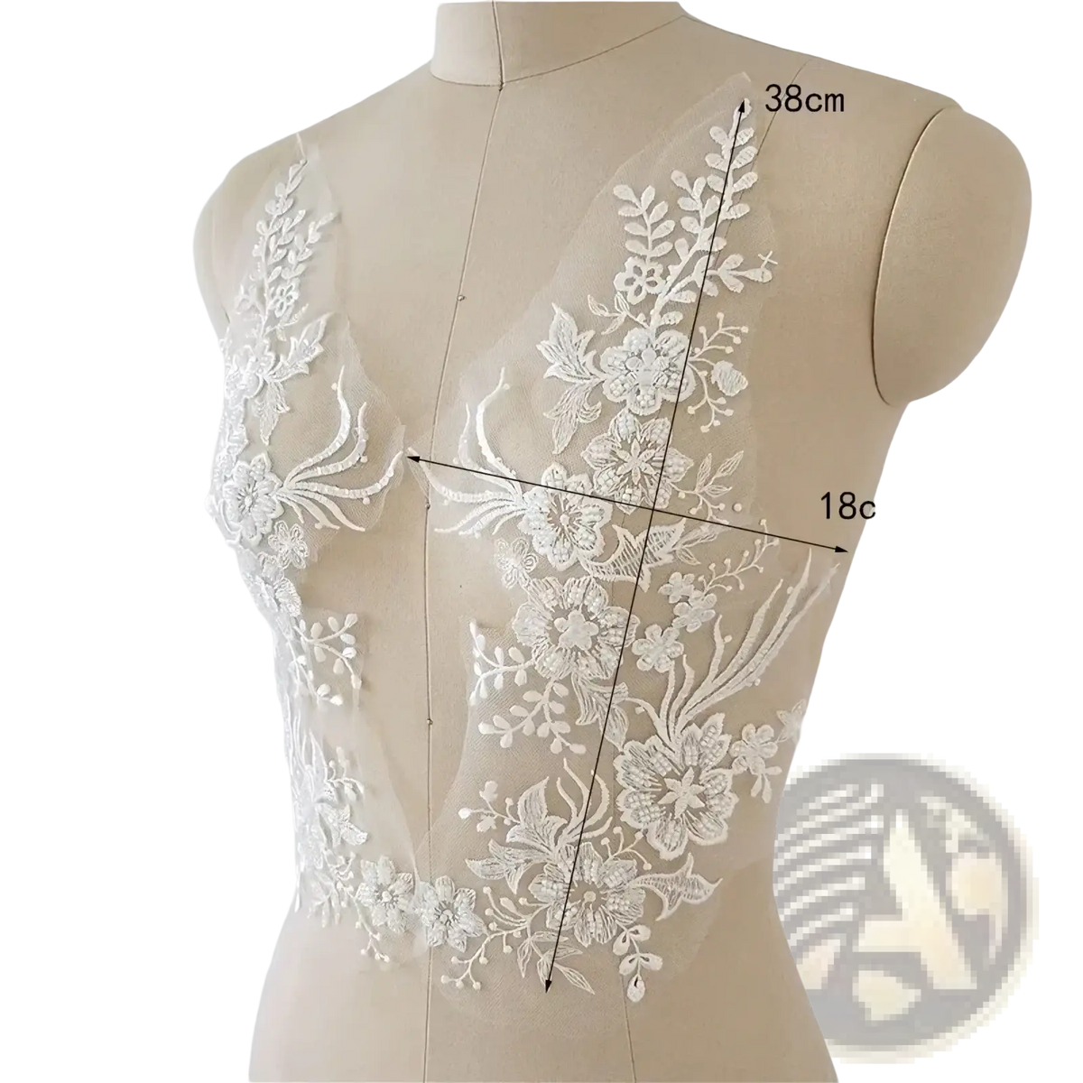 White wedding dress lace applique pair featuring white floral lace appliqué with delicate embroidered flowers on sheer mesh