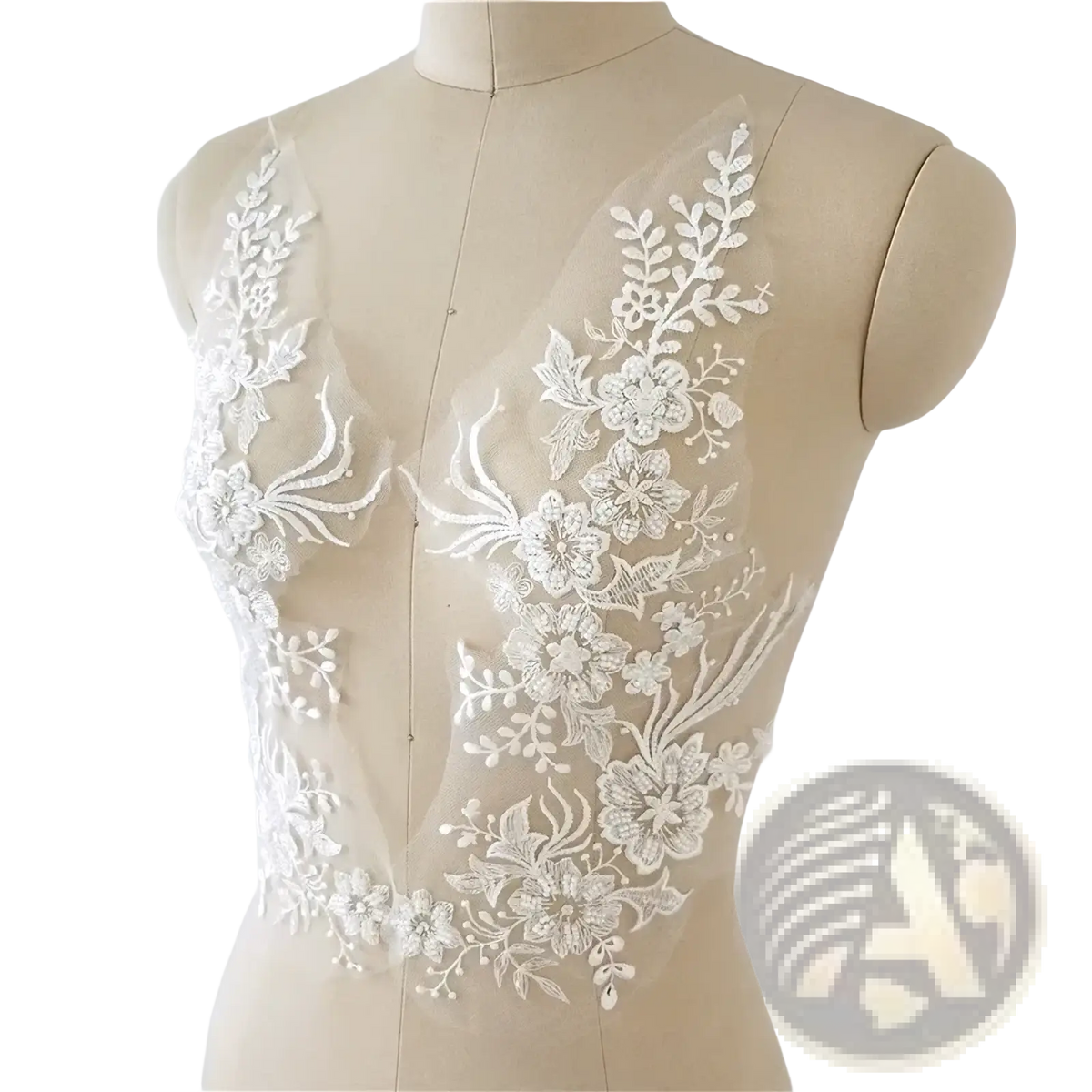 White wedding dress lace applique pair featuring white floral lace appliqué with delicate embroidered flowers and leaves