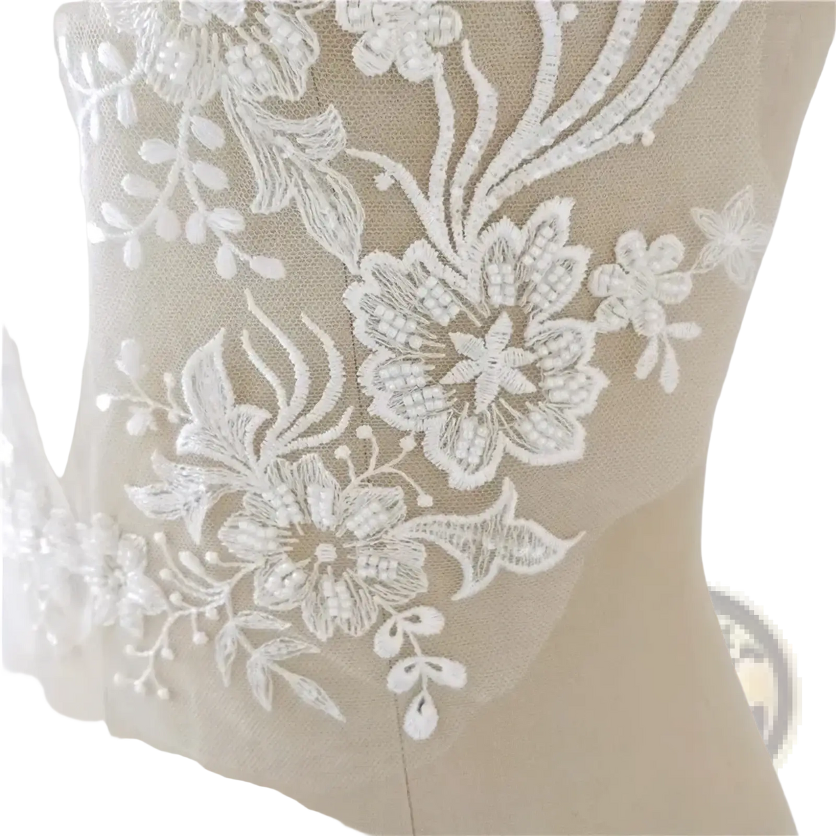White wedding dress lace applique pair featuring white floral lace appliqué with delicate embroidery and beaded details