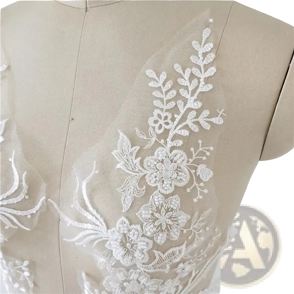 White wedding dress lace applique pair featuring white floral lace appliqué with delicate embroidery and beaded details
