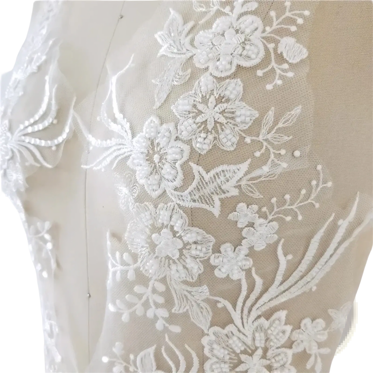 White wedding dress lace applique pair featuring white floral lace trim with embroidered flowers leaf patterns and pearl beads