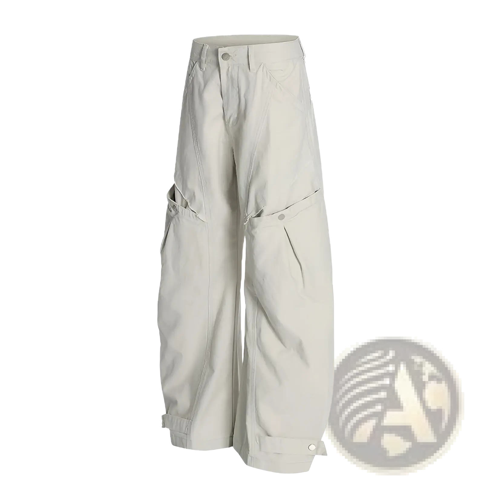 White wide-leg cargo pants in beige featuring multiple pockets and a relaxed fit with wide legs