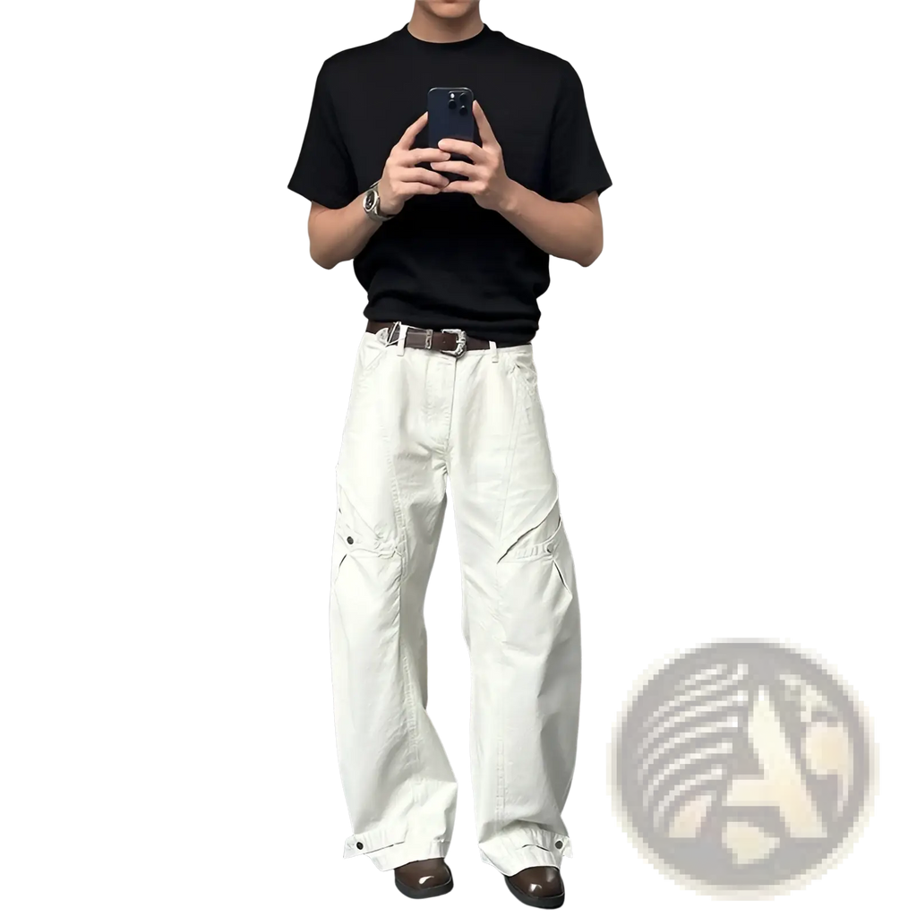 White wide-leg cargo pants with multiple pockets and buttoned cuffs made of durable fabric for casual wear