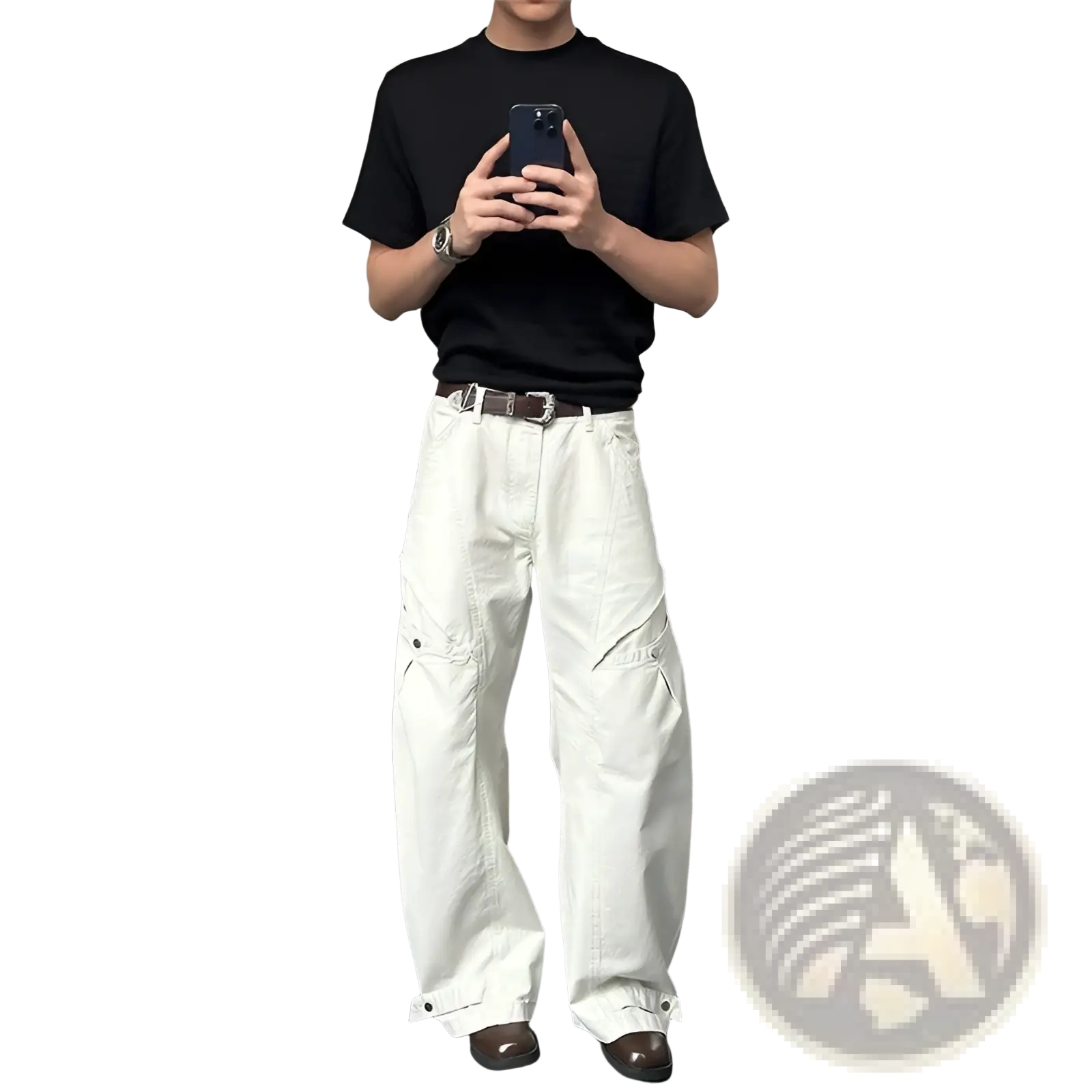 White wide-leg cargo pants with multiple pockets and buttoned cuffs made of durable fabric for casual wear