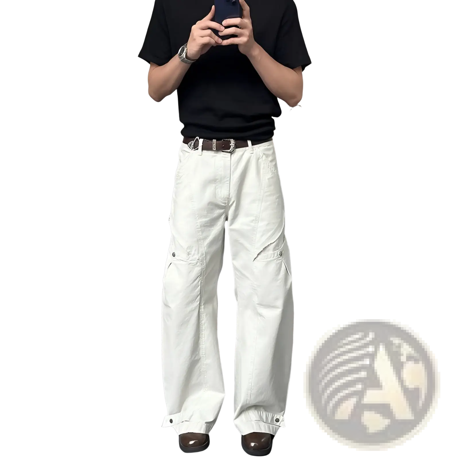 White wide-leg cargo pants featuring multiple pockets and buttoned cuffs in durable fabric for versatile wear