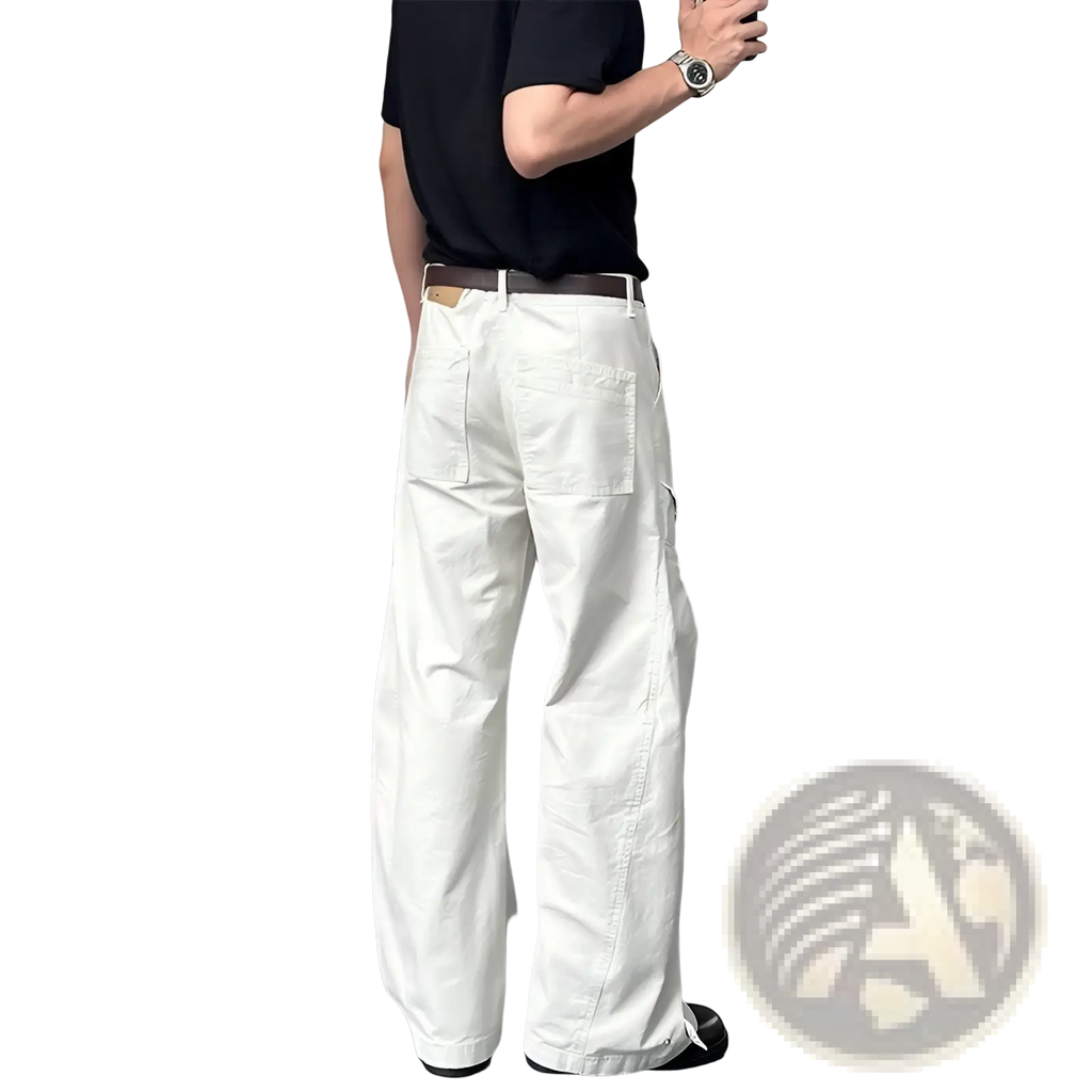 White wide-leg cargo pants with a relaxed fit and multiple pockets made from comfortable fabric