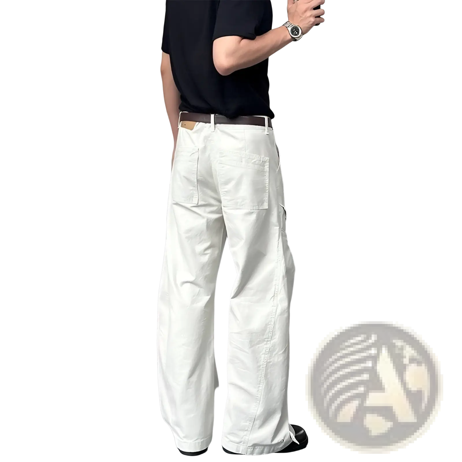 White wide-leg cargo pants with a relaxed fit and multiple pockets made from comfortable fabric