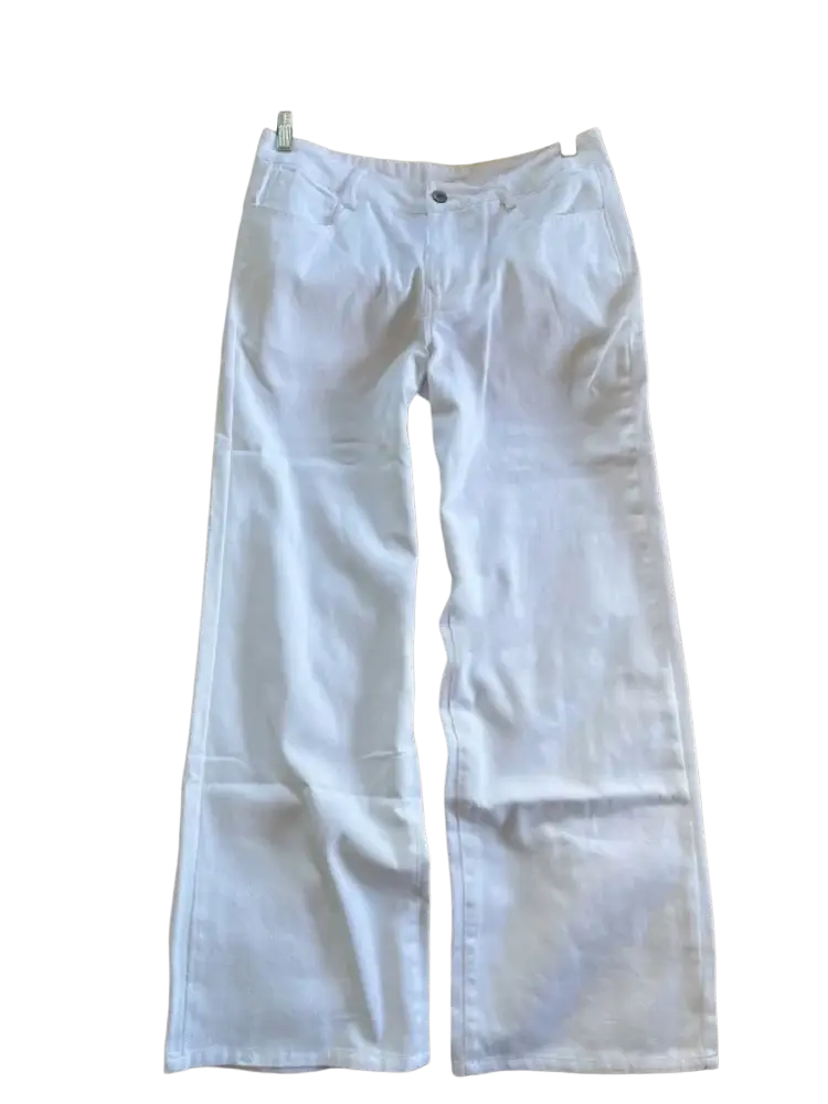 White wide leg denim pants made of denim fabric hanging on a wooden hanger showcasing their design