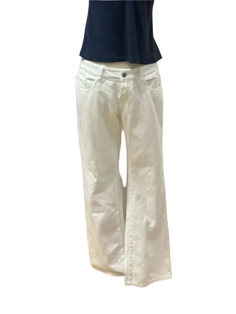White wide-leg denim pants displayed on a mannequin showcasing the front view with a relaxed fitted style