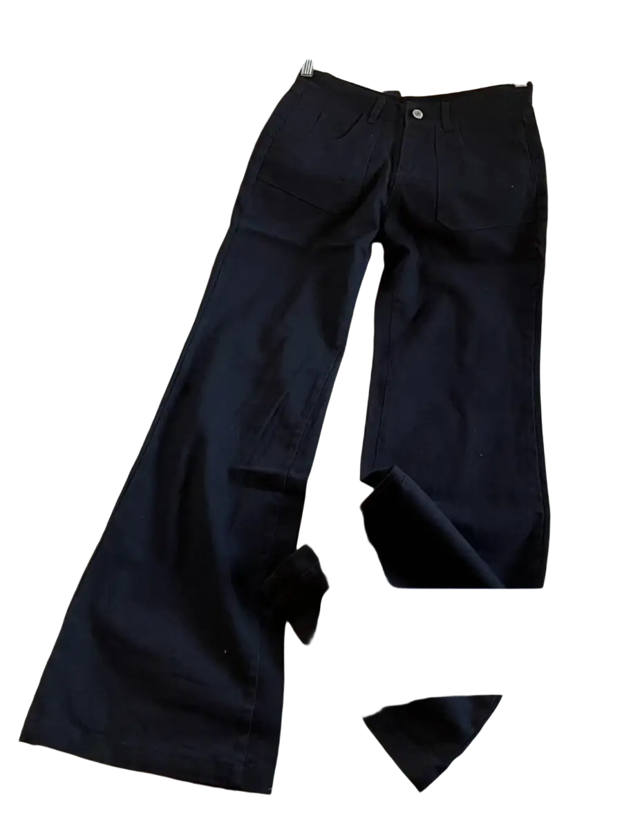 Black jyate flared trousers with classic button closure and front pockets in white wide leg denim pants style