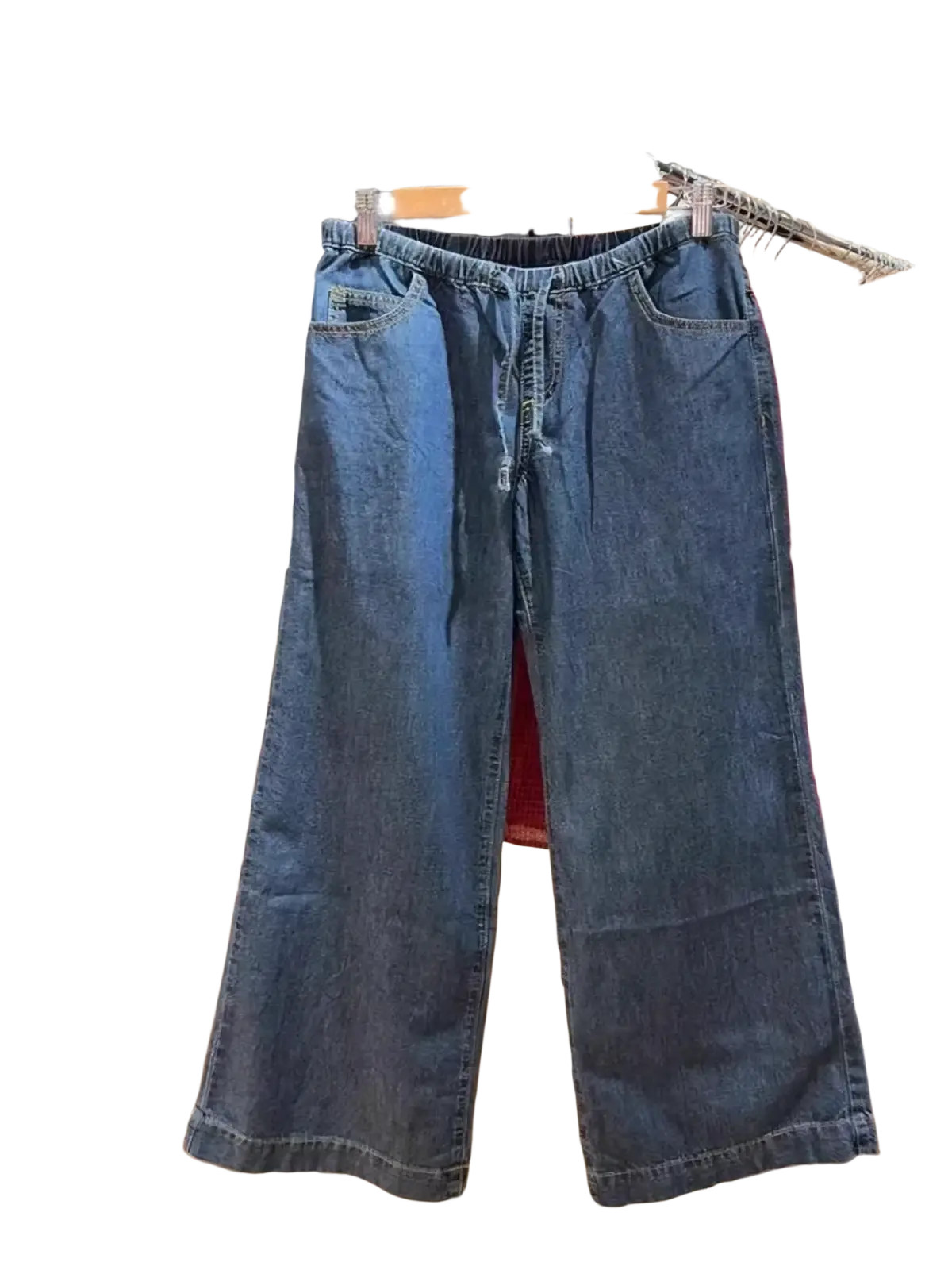 White wide leg denim pants in blue denim with elastic waistband and front pockets for comfortable wear