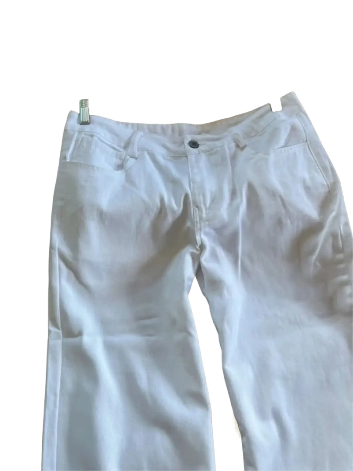 White wide leg denim pants made of white denim fabric hanging on a wooden hanger