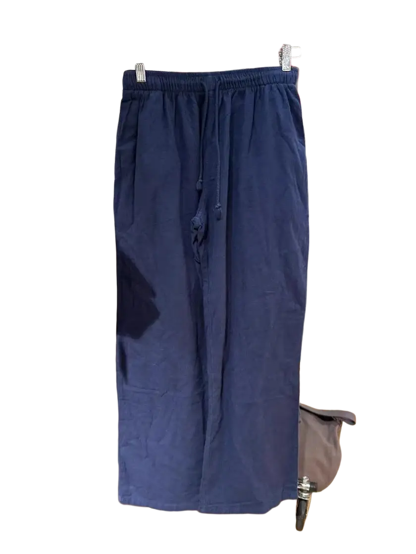 Navy blue wide-leg denim pants with elastic waistband and drawstring suitable for casual wear