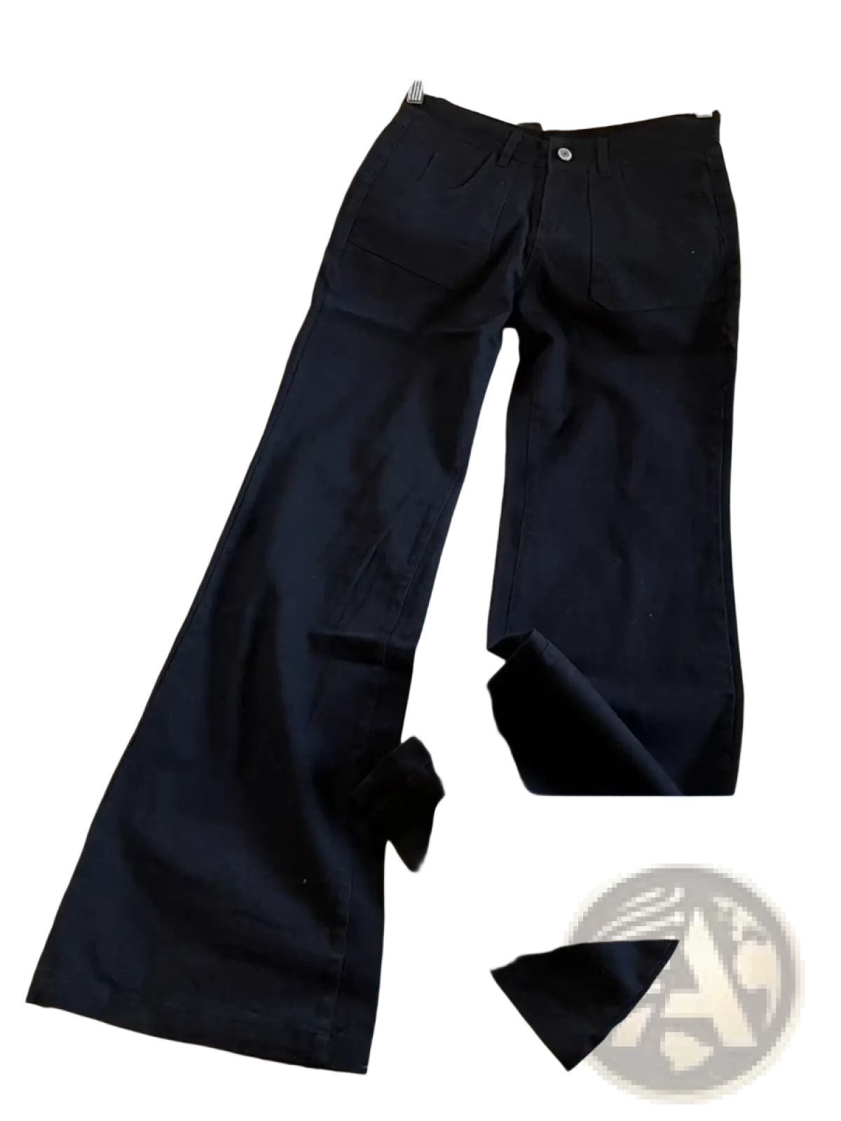 Black jyate flared trousers with classic button closure and front pockets in white wide leg denim pants style