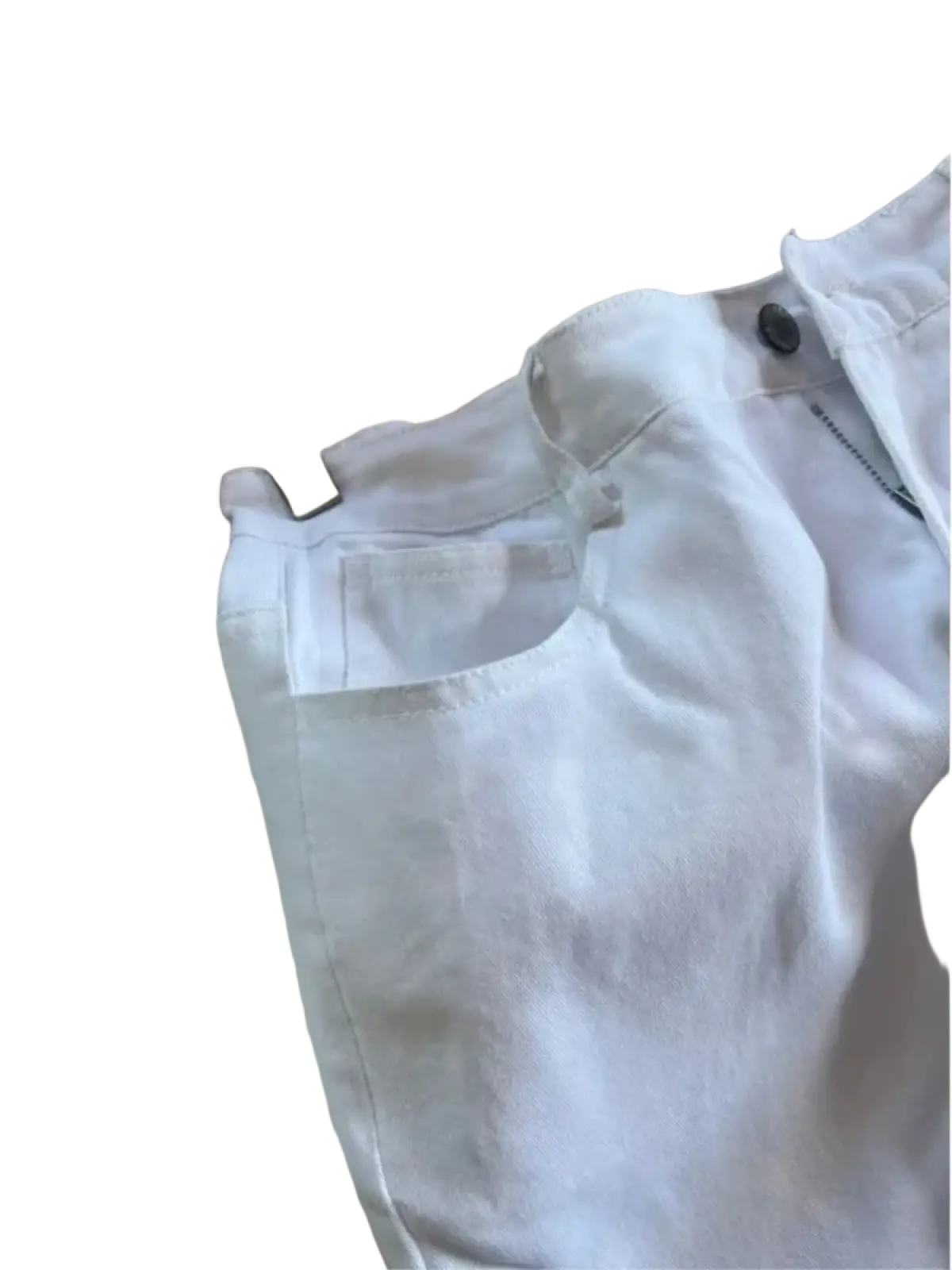 White denim shorts featuring a classic five-pocket design and button closure for casual wear