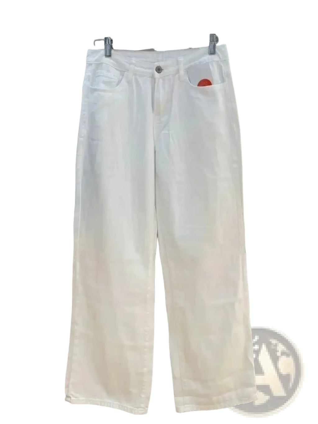 White wide leg denim pants featuring white denim material with a subtle red circular patch on the front pocket