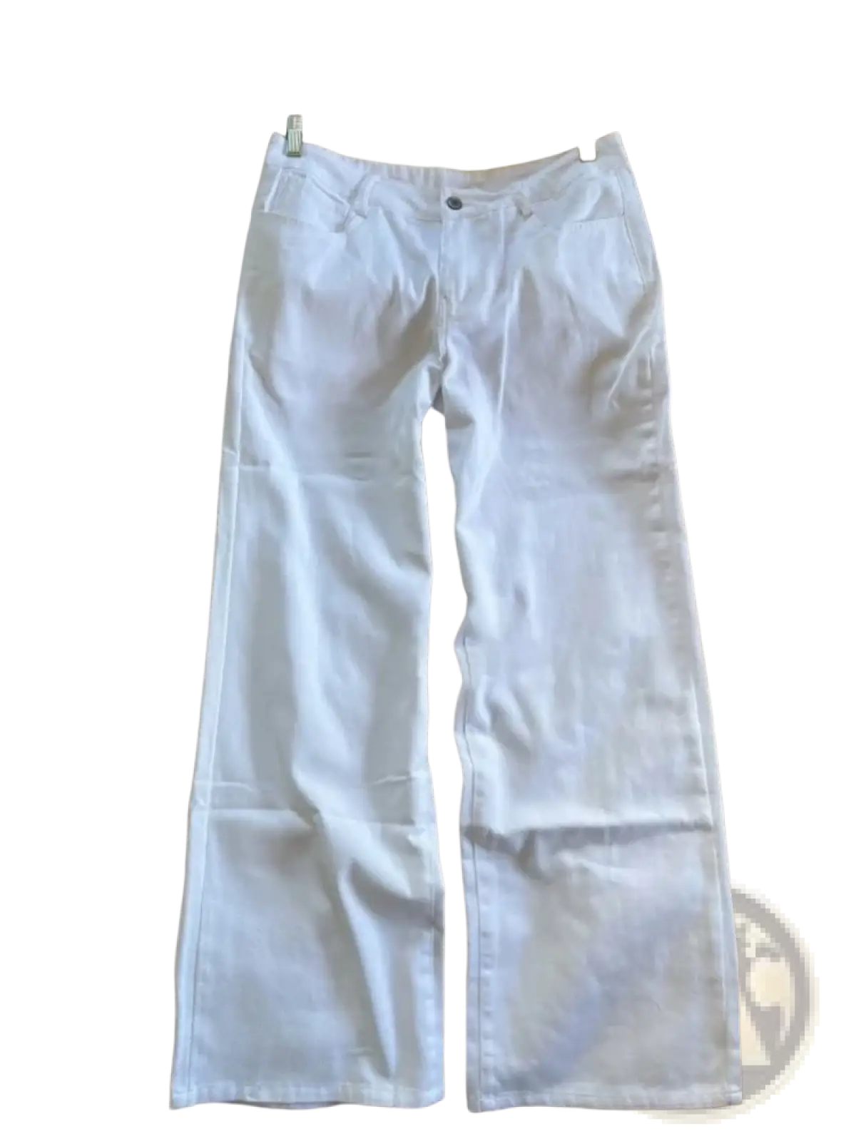White wide leg denim pants made of denim fabric hanging on a wooden hanger showcasing their design