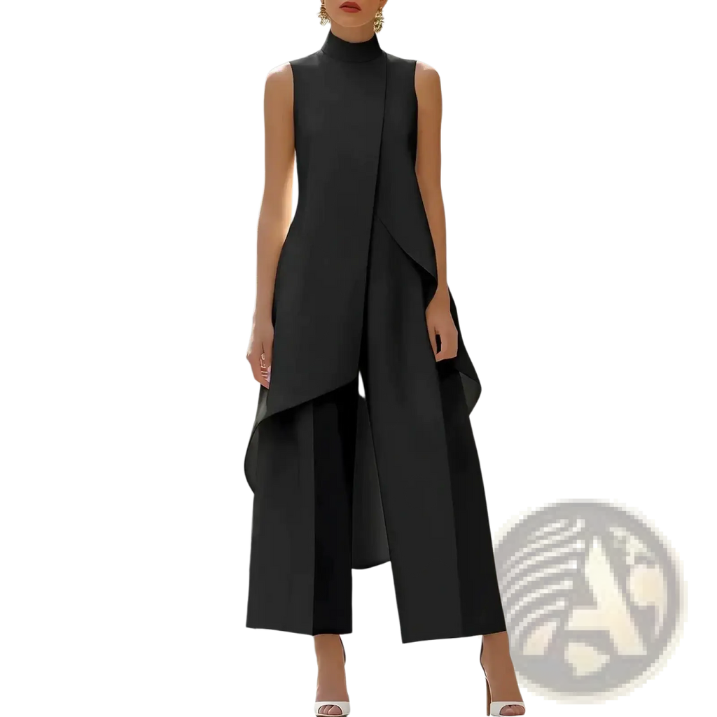 Black sleeveless high-neck jumpsuit with asymmetrical draping and wide-leg pants for office wear