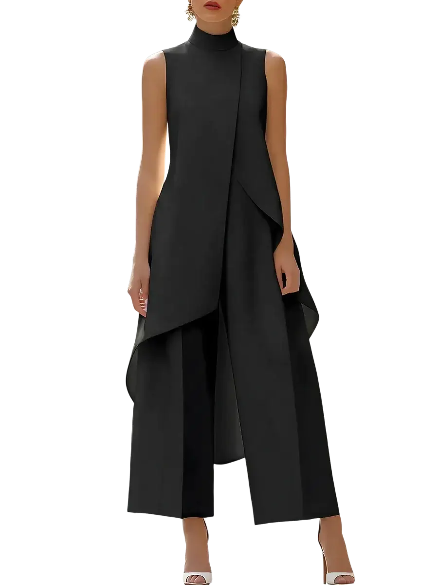 Black sleeveless high-neck jumpsuit with asymmetrical draping and wide-leg trousers for office wear