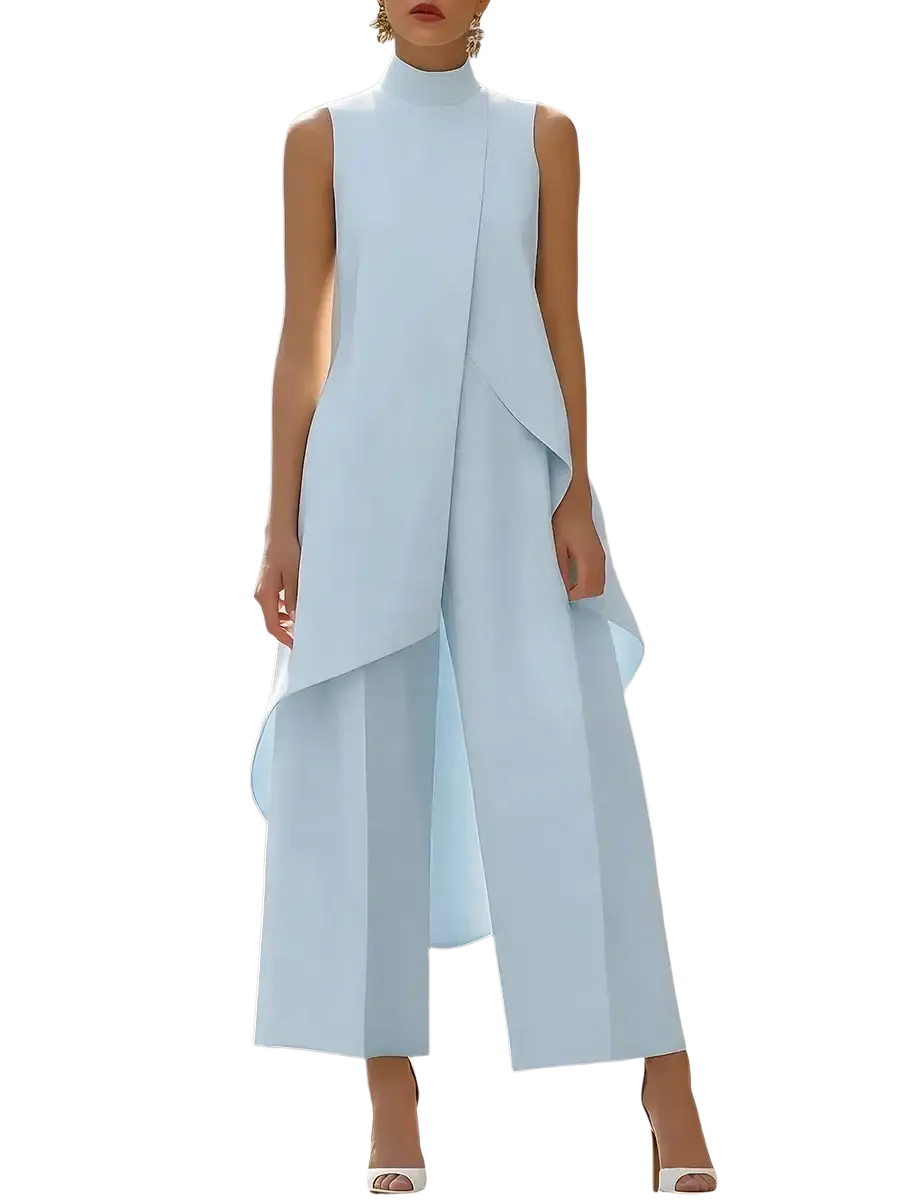 A light blue sleeveless high-neck jumpsuit with layered asymmetrical design for office outfit coordination