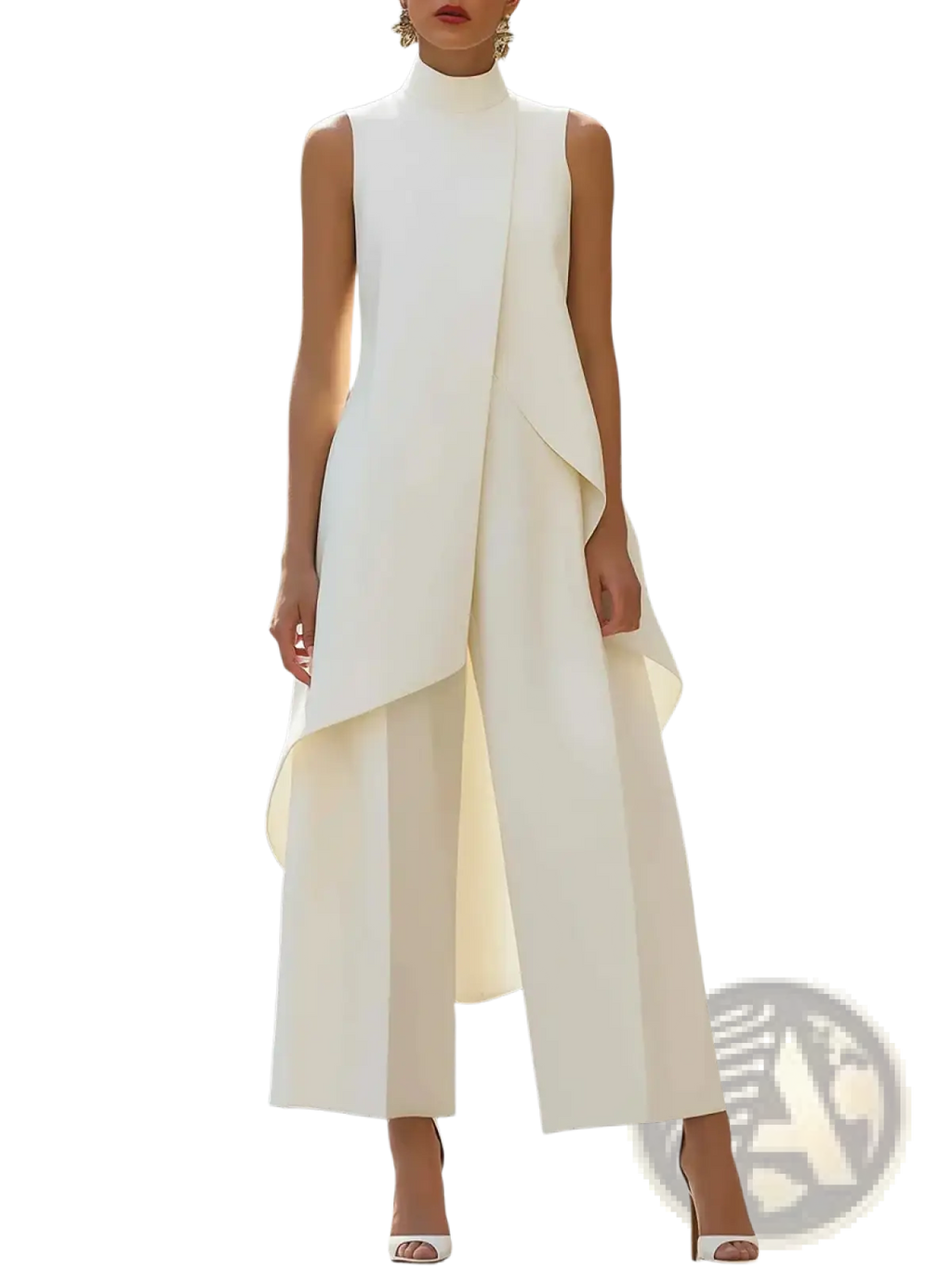 A sleek sleeveless white high neck jumpsuit with asymmetrical draping and wide leg trousers for office wear