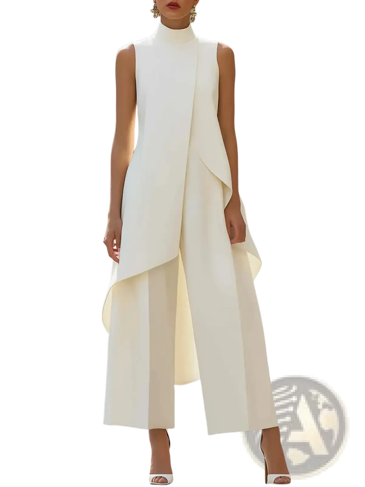 A sleek sleeveless white high neck jumpsuit with asymmetrical draping and wide leg trousers for office wear