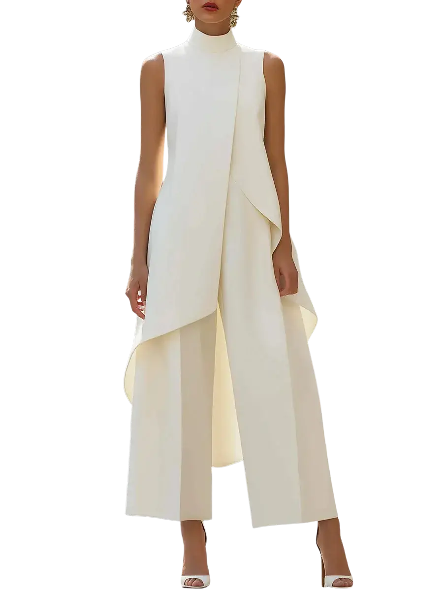 A sleek sleeveless white high neck jumpsuit with asymmetrical draping and wide leg trousers for office wear