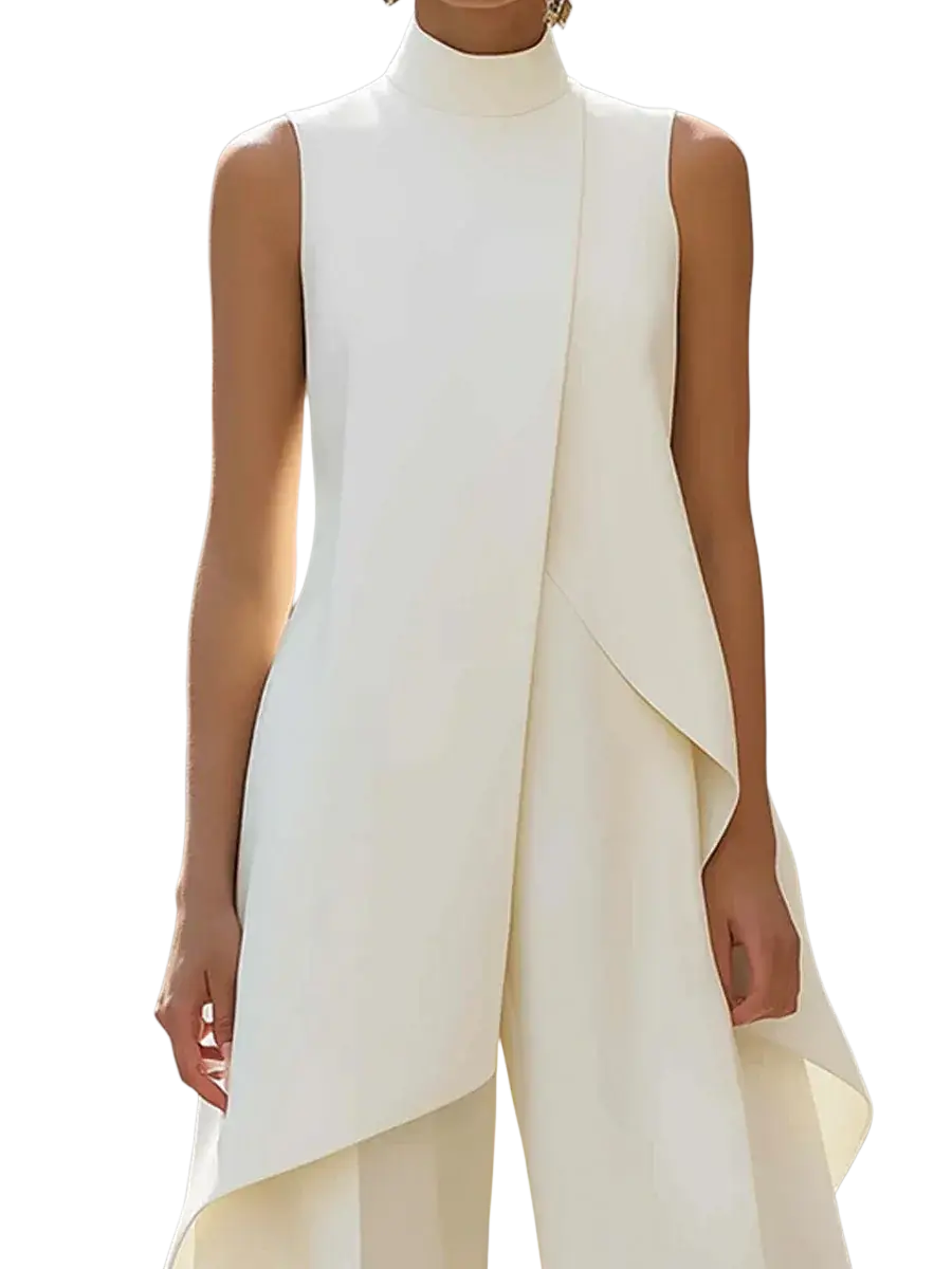 White sleeveless high neck dress with modern asymmetrical design and flowing fabric in office outfit co ord set