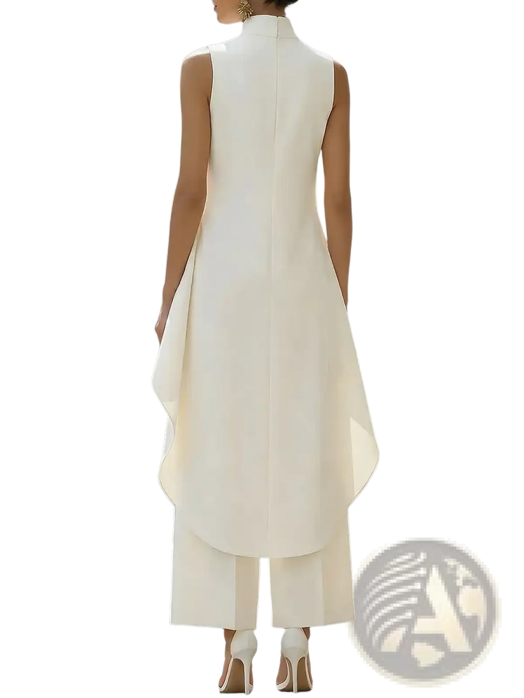 A sleek sleeveless white high neck dress with a flowing asymmetrical hemline and tailored fit for office wear