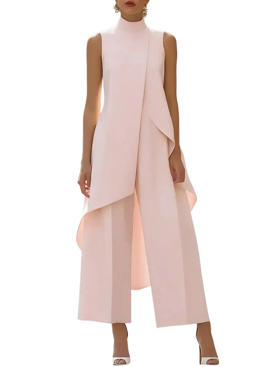 A soft pink sleeveless high-neck jumpsuit with layered asymmetrical design and wide-leg pants for office wear