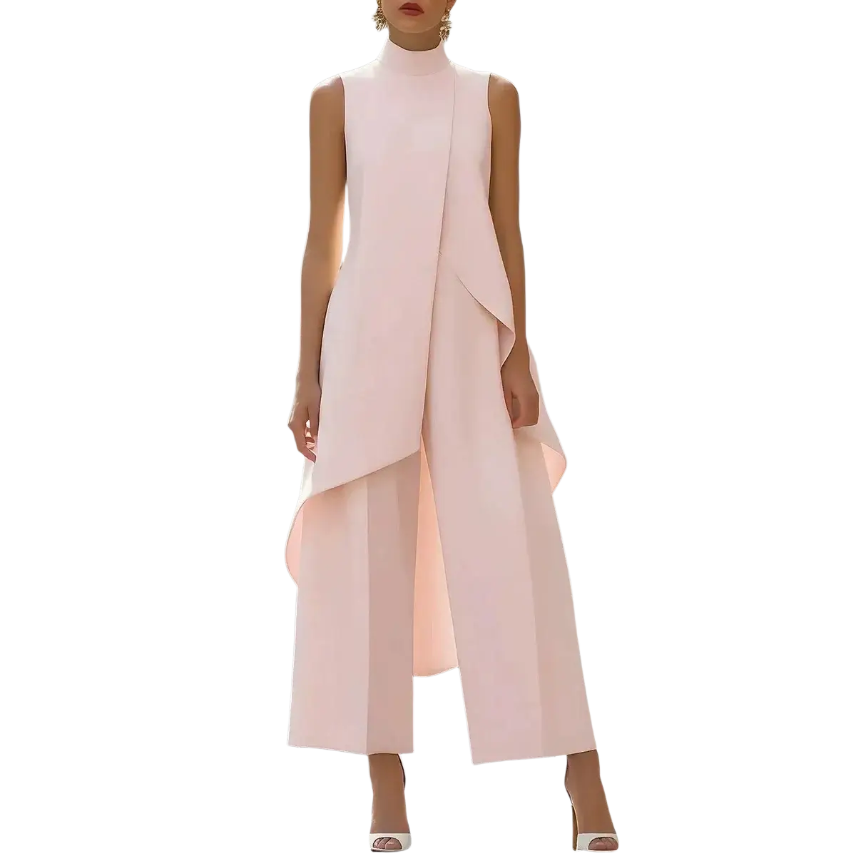 A soft pink sleeveless high-neck jumpsuit with layered asymmetrical design for stylish office wear