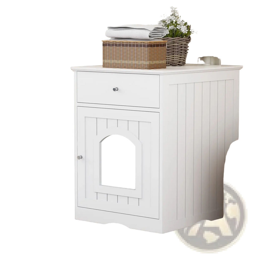 White wooden cat litter box enclosure with arched doorway vertical paneling and a convenient storage drawer