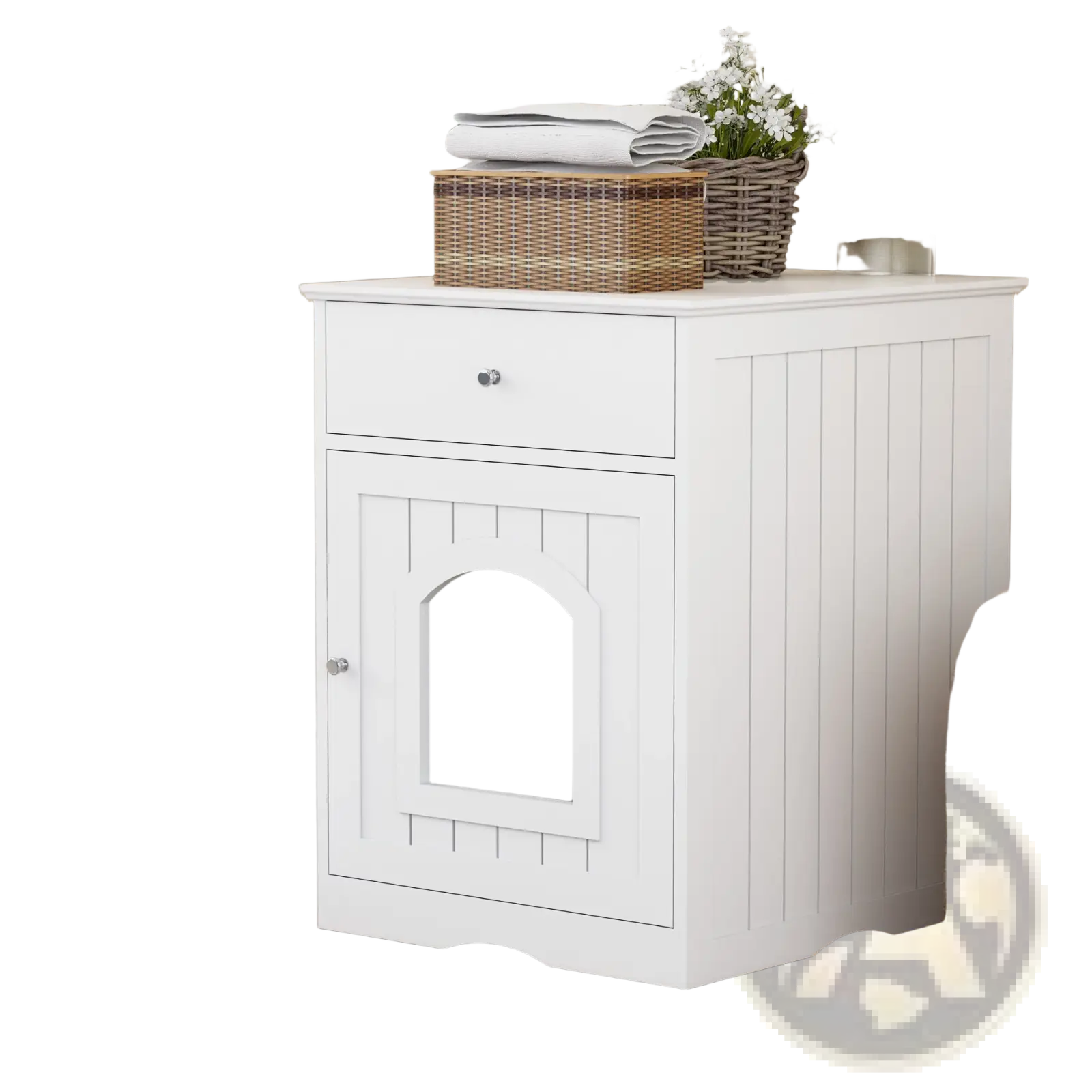 White wooden cat litter box enclosure with arched doorway vertical paneling and a convenient storage drawer