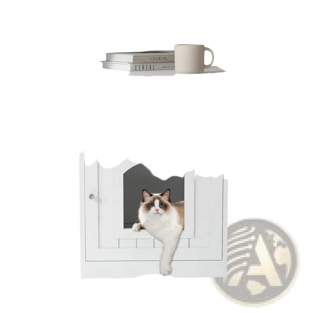 White wooden cat litter box enclosure with arched entrance and functional drawer for convenient storage
