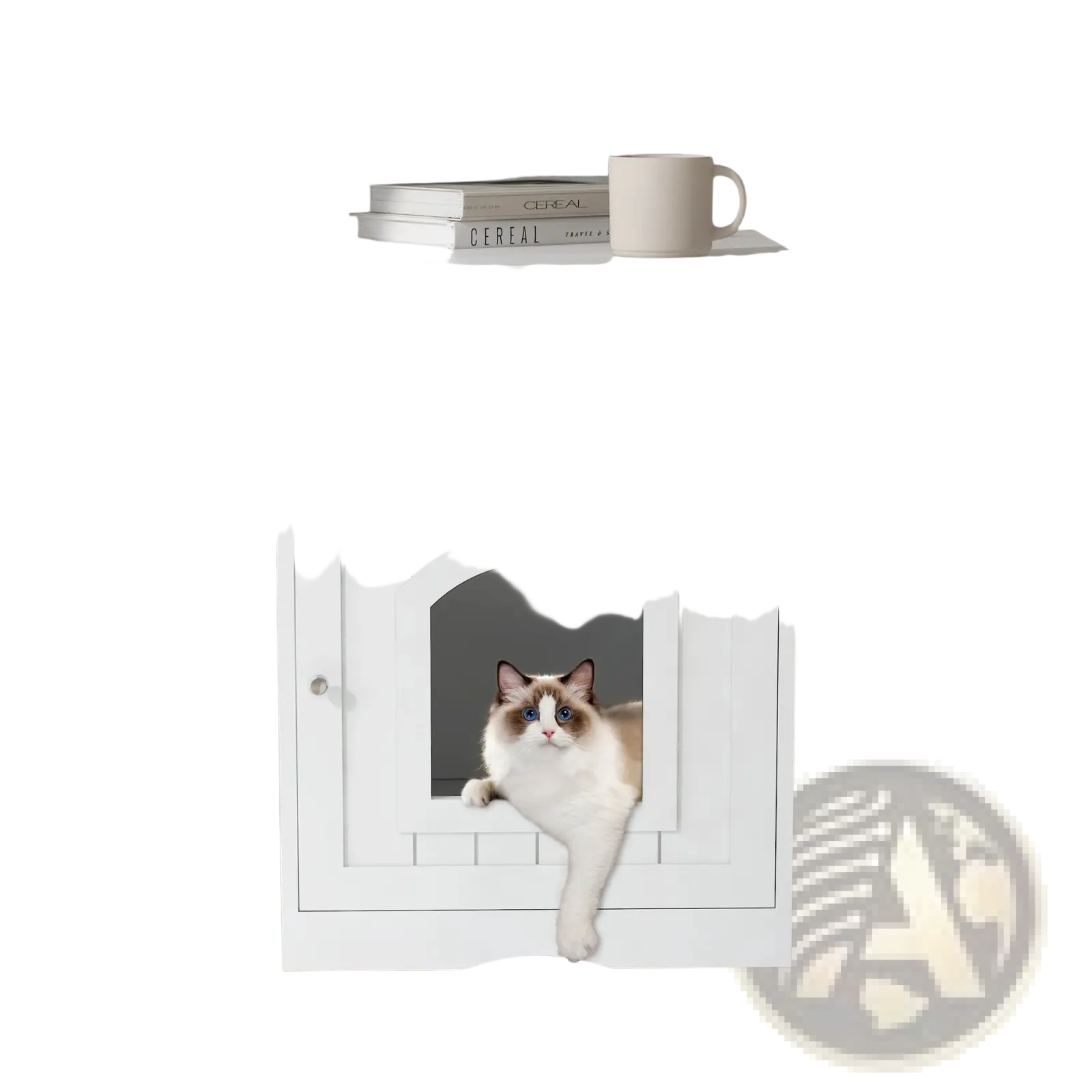 White wooden cat litter box enclosure with arched entrance and functional drawer for convenient storage