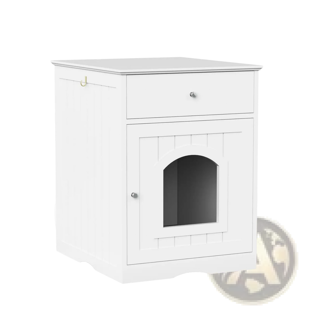 White wooden cat litter box enclosure with drawer featuring an arched door for discreet cat litter storage