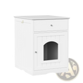 White wooden cat litter box enclosure with drawer featuring an arched door for discreet cat litter storage