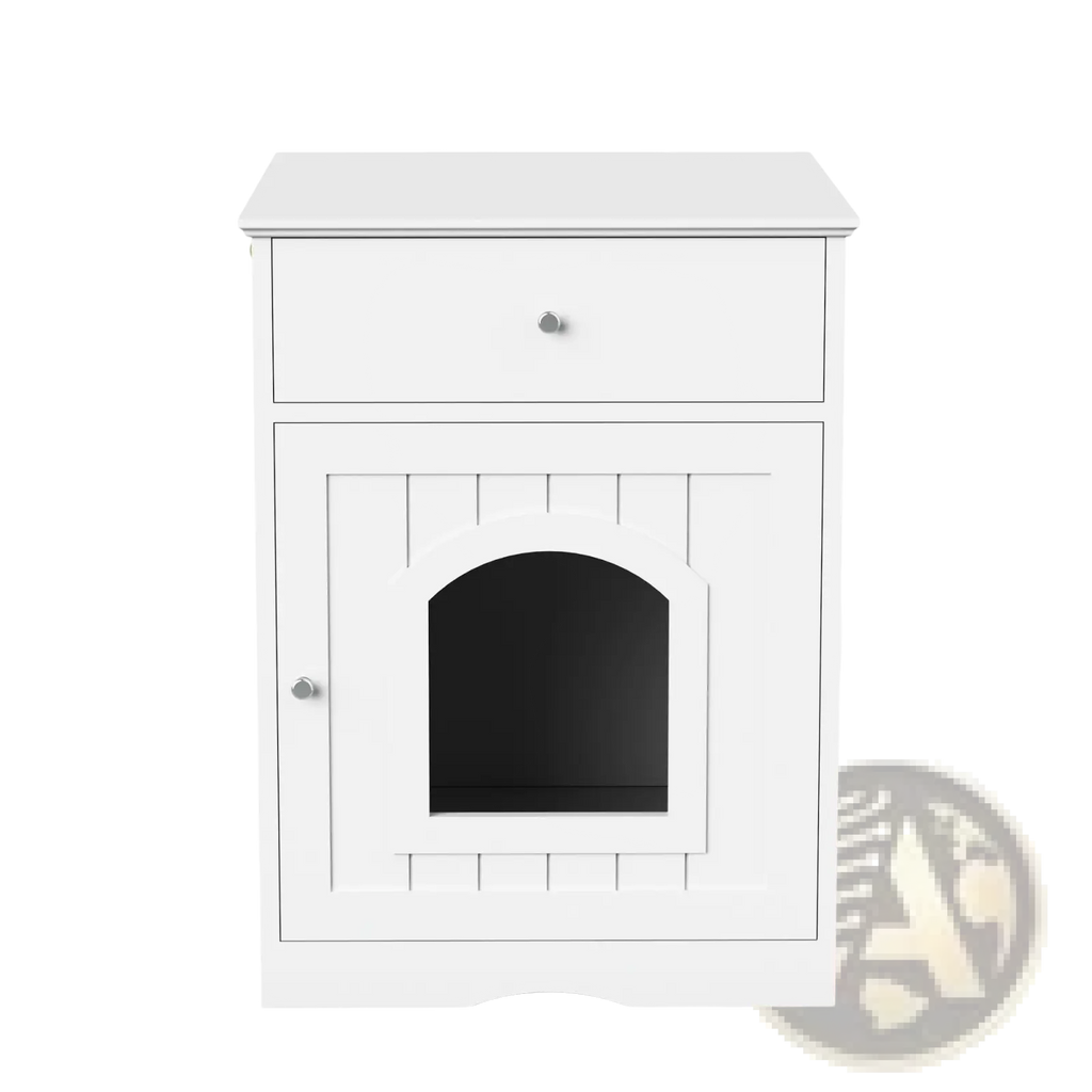 White wooden cat litter box enclosure with drawer and arched door showing front view