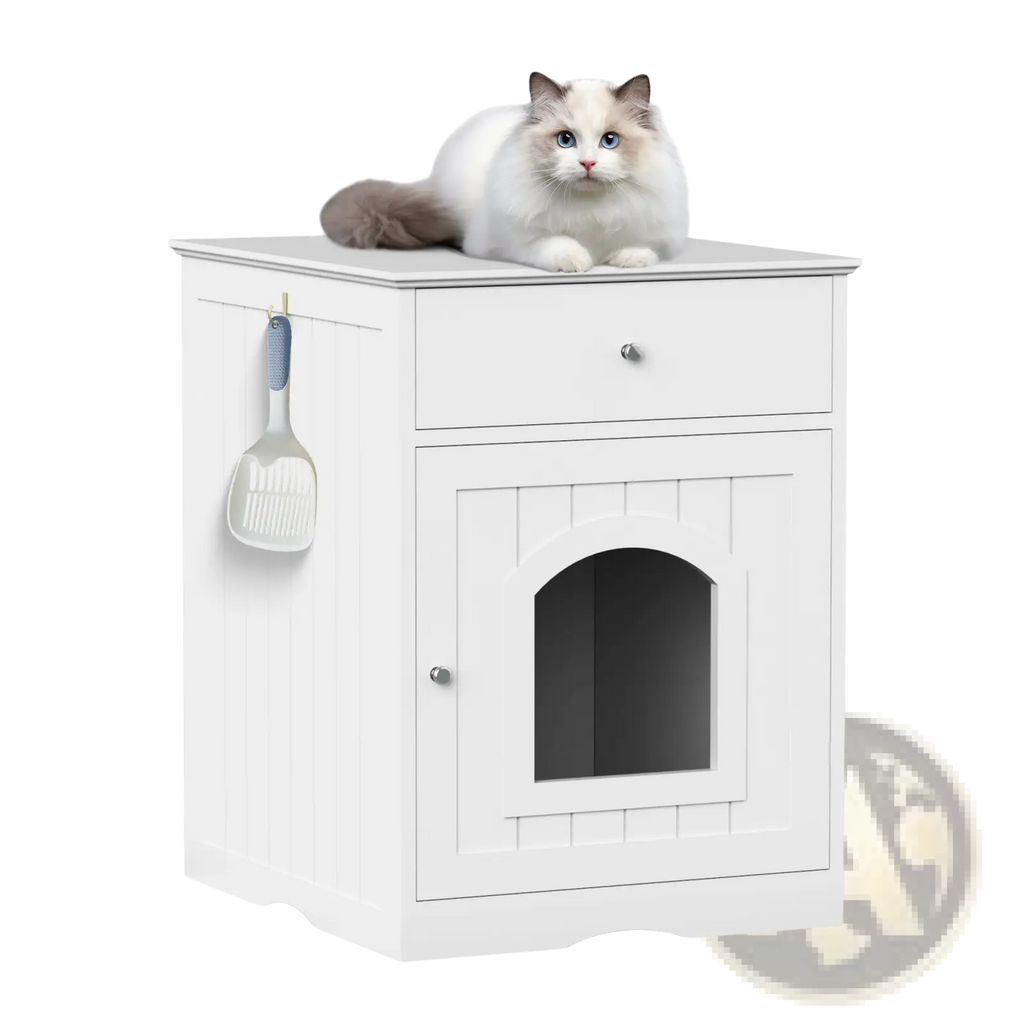White wooden cat litter box enclosure with drawer and arched door featuring a hanging scoop on the side
