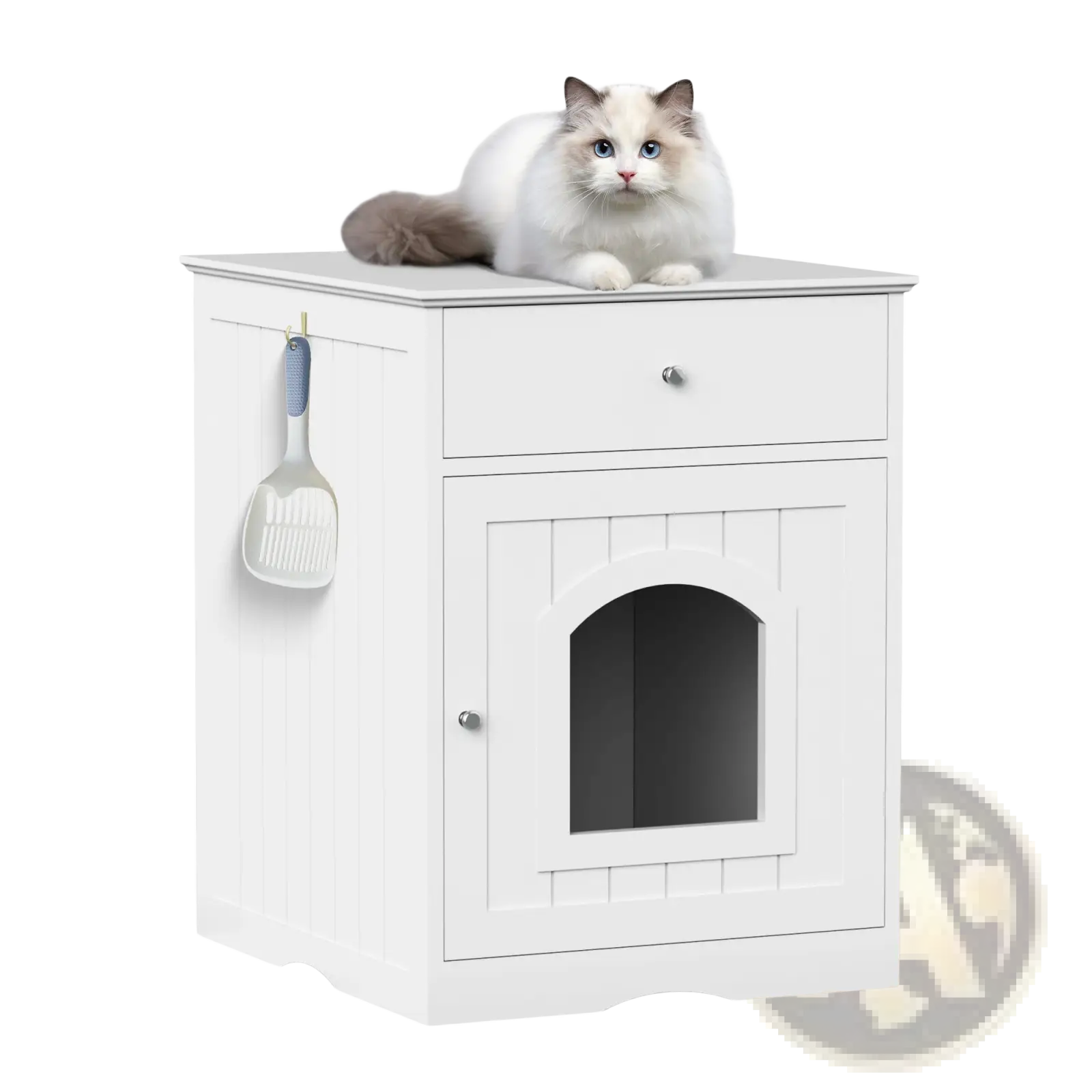 White wooden cat litter box enclosure with drawer and arched door featuring a hanging scoop on the side