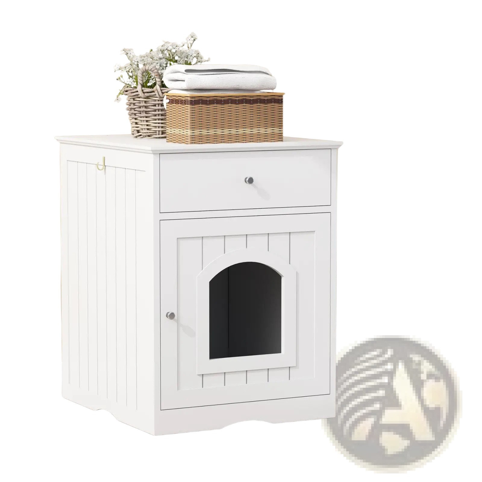 White wooden cat litter box enclosure with arched door and drawer for concealed pet waste storage